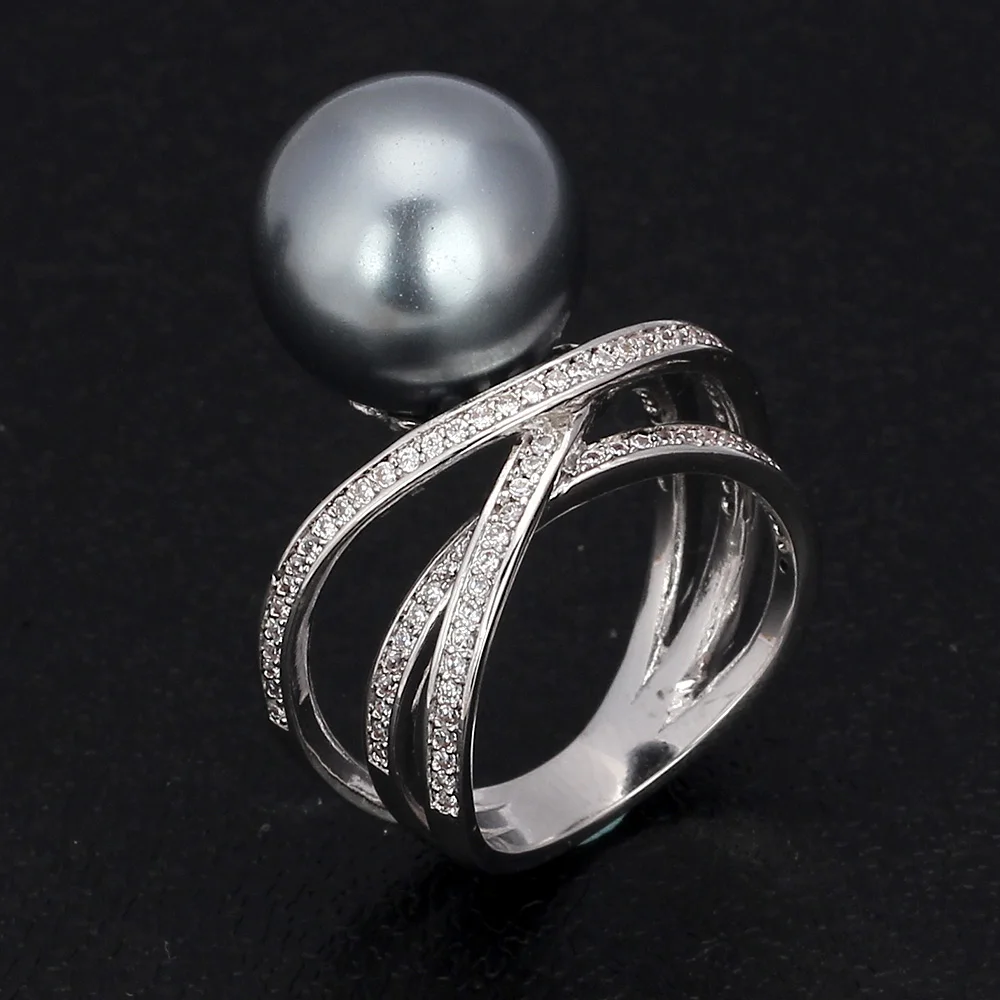 S gray pearl Трендовое кольцо с большой жемчужиной для женщин с кубическим цирконием, ювелирные изделия для девушек, вечерние кольца для банкета - Цвет основного камня: S gray pearl