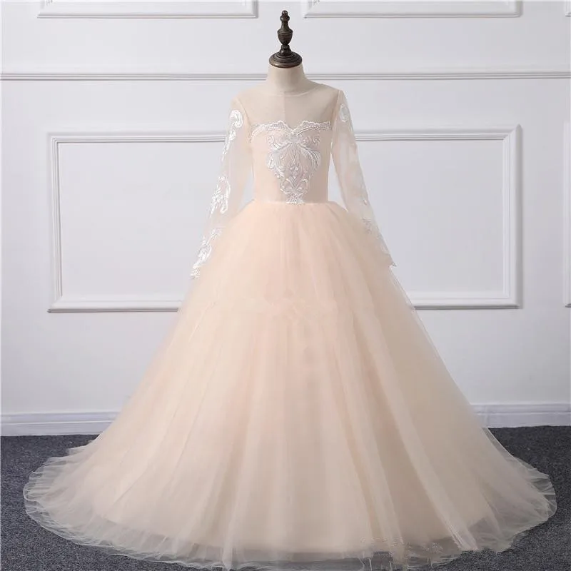 

Flower Girl Dresses Custom Made Sleeveless Fluffy Tulle Princess Appliqued Lace First Communion party Dresses