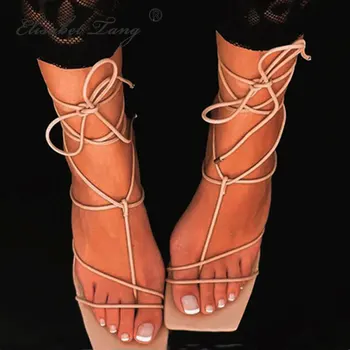 

Elisabet Tang Concise Women's Shoes Elegant Cross-tied Ankle Strappy Roman Sandals Big Size 41 Black High Heels Open Toe Sandals