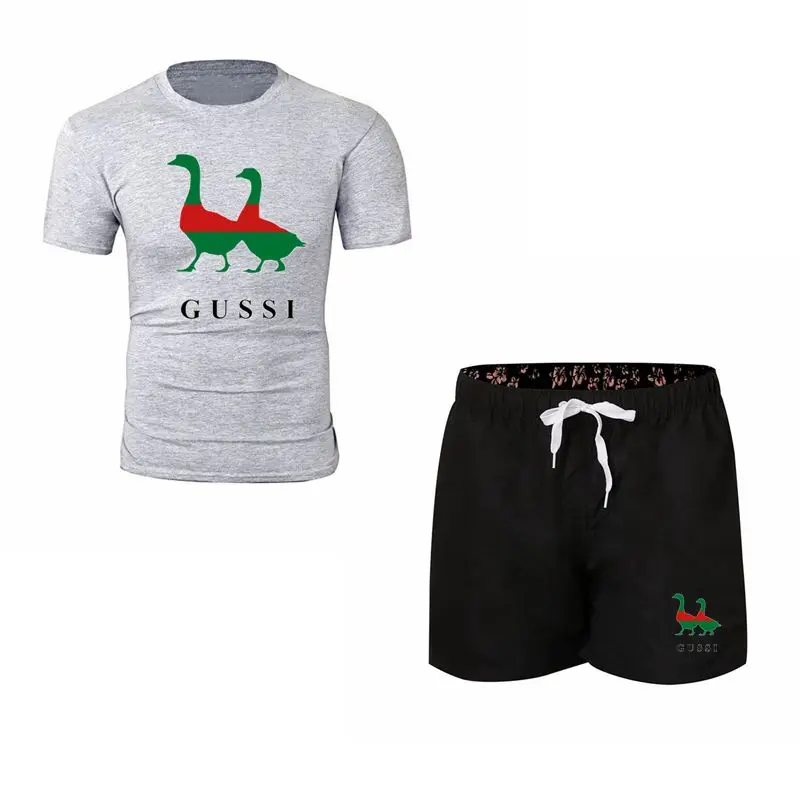 

Men's Two Goose Funny Design Print T Shirts+shorts Unisex Sets Soft Graphic Tees Men Women Animal Swag Brand Clothing