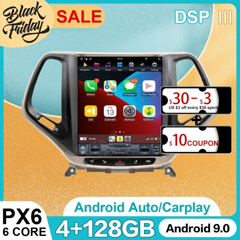 

Android 9.0 4G+128G Tesla Style For Jeep Cherokee 2014 Car GPS Navigation Carplay Auto Radio Stereo Multimedia Player Head Unit