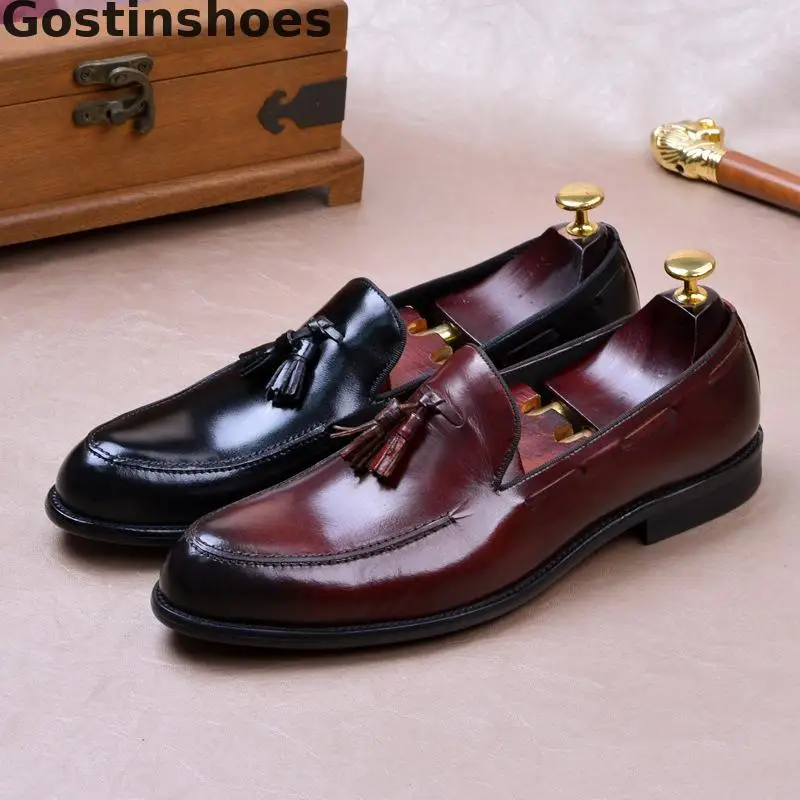 

Man Shoes Genuine Leather Black Brown Slip-on Pointed Toe Tassel Decorated Leather Shoes Men Dress Formal Business Shoes Wedding