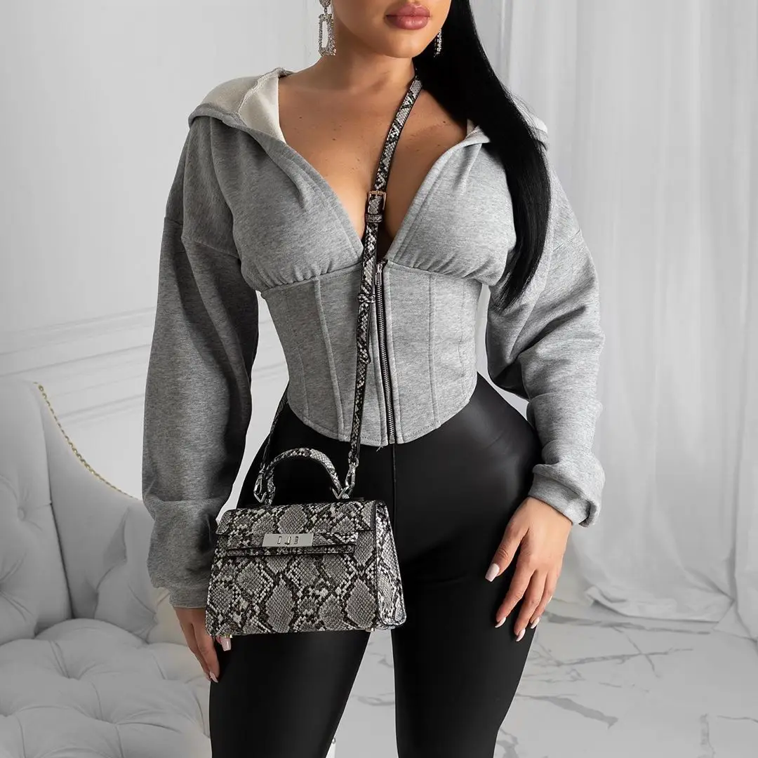 Solid Gray Hooded Crop Top Women's Corset Sweatshirt Batwing Long Sleeve Women Hoodies Sexy 2020 Autumn Fashion Female Clothes