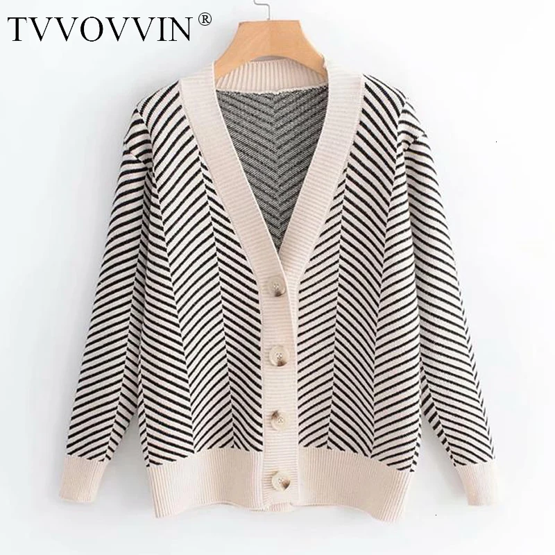 TVVOVVIN autumn women's new sweater Korean version of the loose striped sweater cardigan long-sleeved V-neck X728