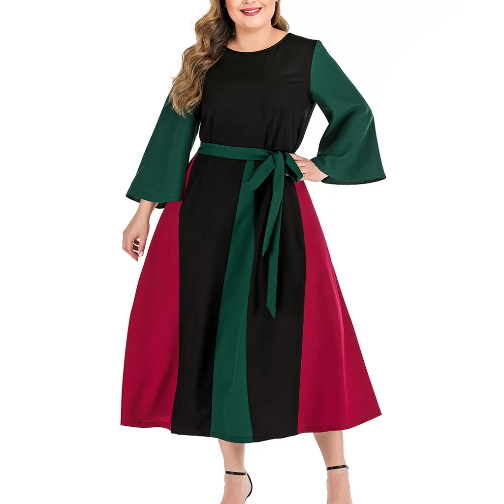 Винтажное платье Vestido модное женское Повседневное платье размера плюс с длинным рукавом однотонное Бандажное платье с О-образным вырезом длинное платье макси robe noel femme#301102