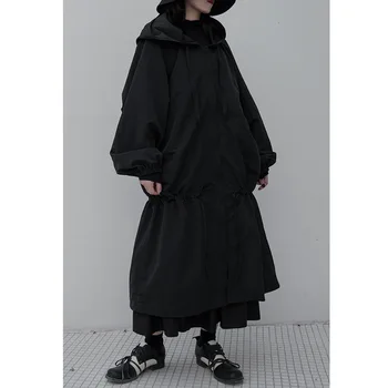 

lady Fashion Solid Black Dark Style Windbreaker Will Code Loose Hooded Collar Overcoat Long Fund Men Women ZX475