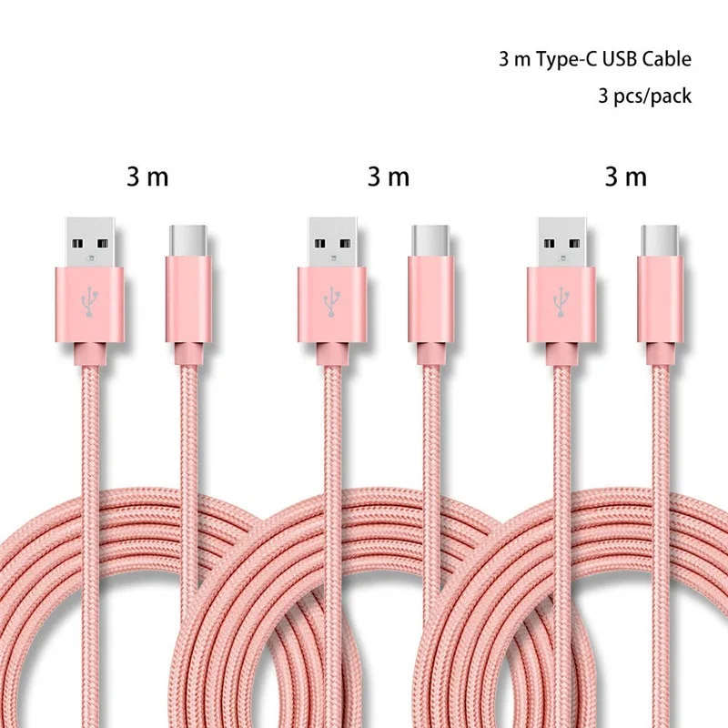 3 м 3 шт./упак. Тип C до USB 2,0 USB кабель с нейлоновой оплеткой зарядный кабель для huawei P30 mate 20 xiaomi samsung Примечание 10 S10 OPPO R17 vivo onePlus 7, 6 комплектов/партия, футболка - Тип штекера: Pink cable 3PCS