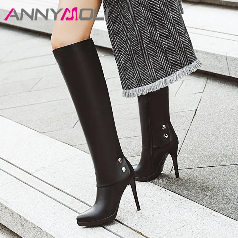 

ANNYMOLI Autumn Knee High Boots Women Zipper Thin Heels Long Boots PU Leather Extreme High Heel Shoes Ladies Winter Size 34-39