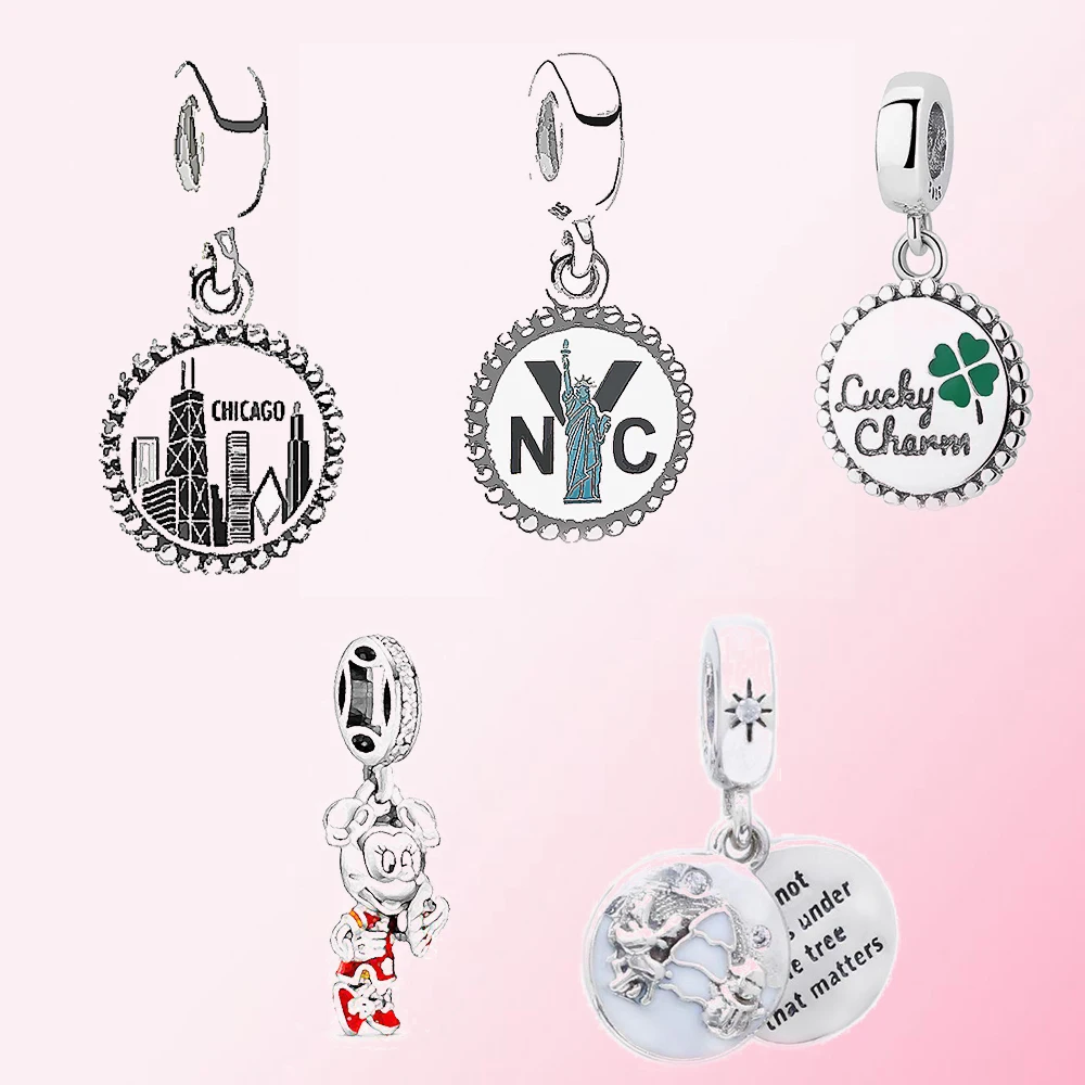 

New 100% 925 Sterling Silver Perfect Christmas Clover Mouse dangle Statue Of Liberty CHICAGO Charm Pendant Free Shipping