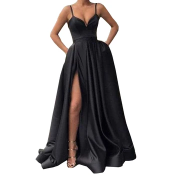 

New Evening Dress 2020 Sexy V Neck Prom Dress High Slit Satin Long Length A Line Black Evening Gown