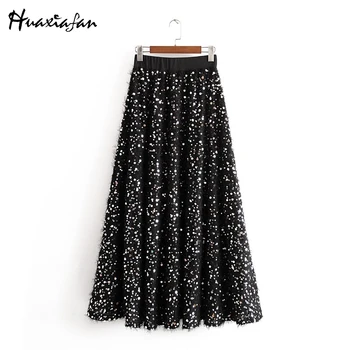 

Huaxiafan Vintage shine skirt womens bead long shine pleated skirts casual faldas mujer moda 2020 office wear female midi skirt