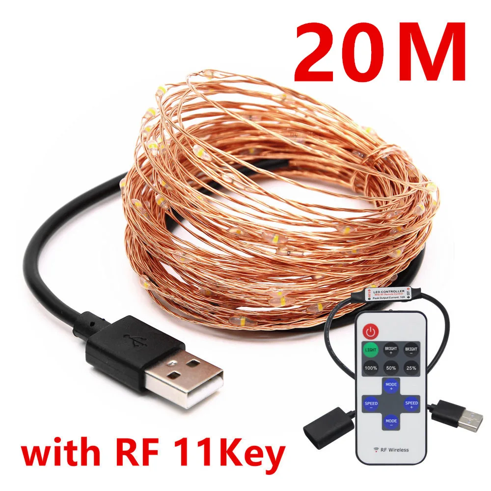 DC 5 В USB светодиодный гирлянды медный провод 5 м 10 м Питание от USB Сказочный светодиодный Рождественский свет с радиочастотным пультом дистанционного управления для украшения праздника - Испускаемый цвет: 20M with Remote