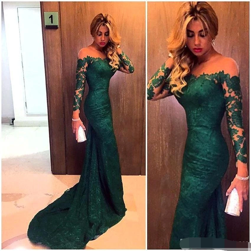 

Green Lace Prom Evening Dresses 2019 Sexy Vintage Mermaid Formal Gown Sheath Off Shoulder Pageant evening Dress Plus Custom