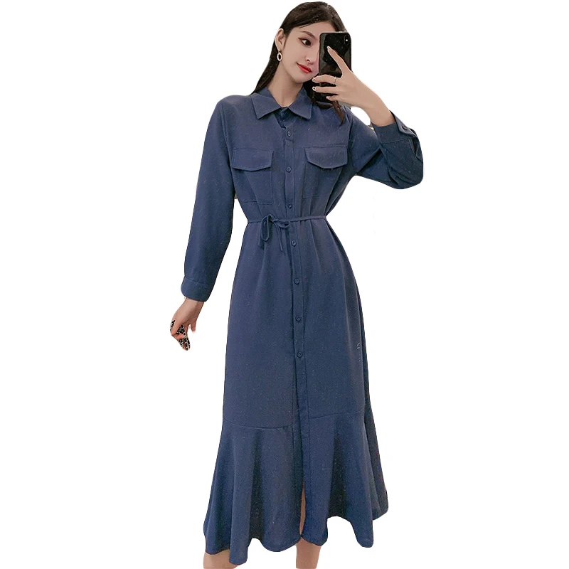 

New Autumn Women dress Long Tail In Dresses Blue Black Caramel Color 8164