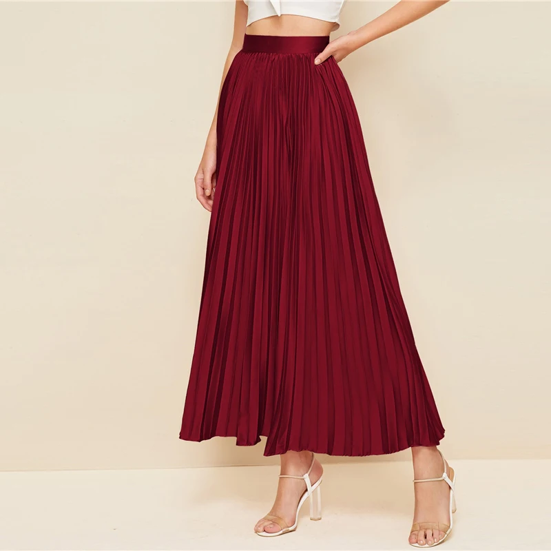 Dotfashion элегантные Бордовые женские плиссированные юбки на молнии сбоку Осенние повседневные расклешенные юбки с высокой талией Женские однотонные макси юбки