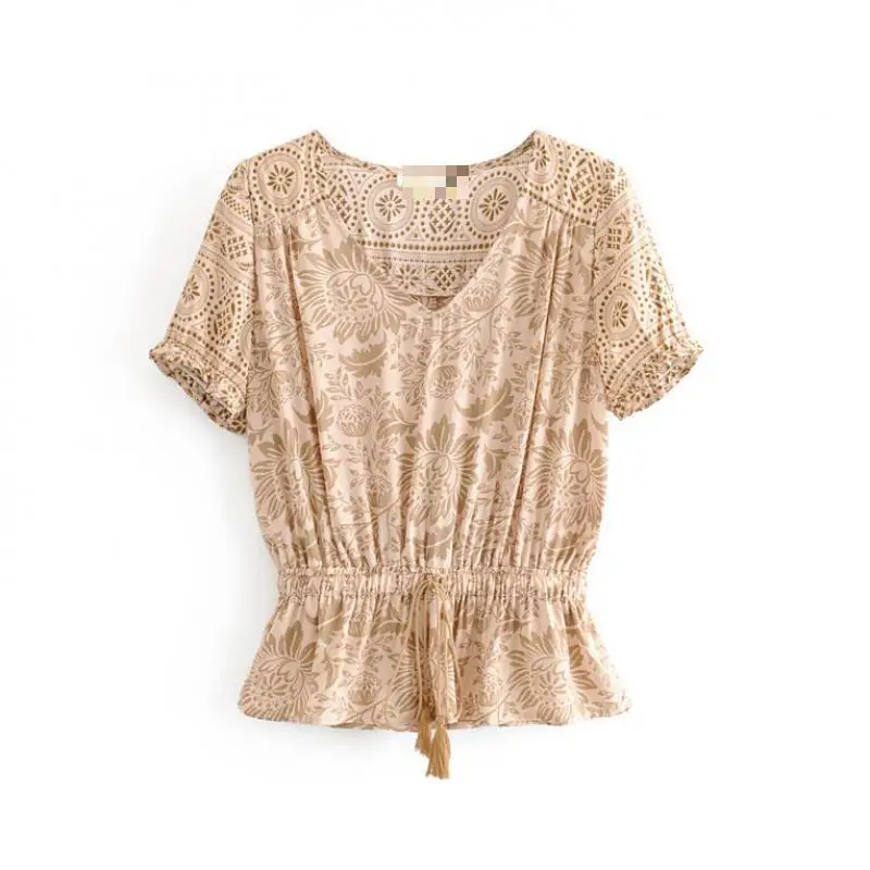 Boho шикарные летние винтажные плиссированные топы с цветочным принтом для женщин модная одежда с коротким рукавом пляжные рубашки Blusas MF0011 - Цвет: Beige
