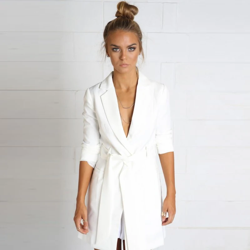 Haoduoyi New Women Button Front Blazer Long Belted Jacket Slim Fit Blazer Jackets Notched Office Work Outwear for Ladies - Цвет: White