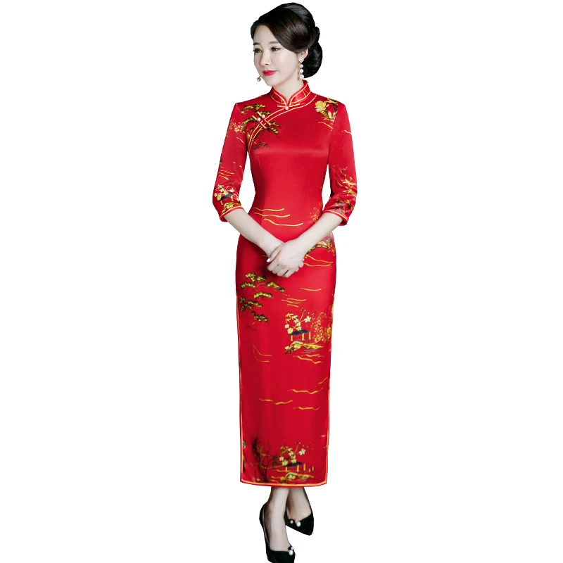 Красное женское длинное платье Cheongsam в винтажном китайском стиле с воротником-стойкой, весеннее приталенное платье Qipao для вечеринок, Vestido M-5XL