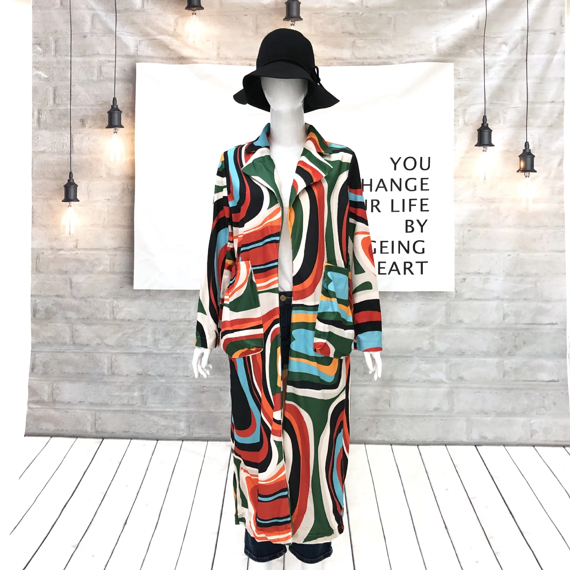 New Fashion Women Print X-long Coat Turn Down Collar Pocket Long Sleeve Long Jacket Coats