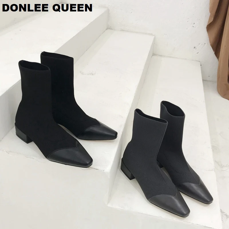 

Stretch Sock Boots Women Autumn Winter Shoes Cap Toe Flat Heel Ladies Elastic Ankle Booties Slip On Casual Shoes zapatos mujer