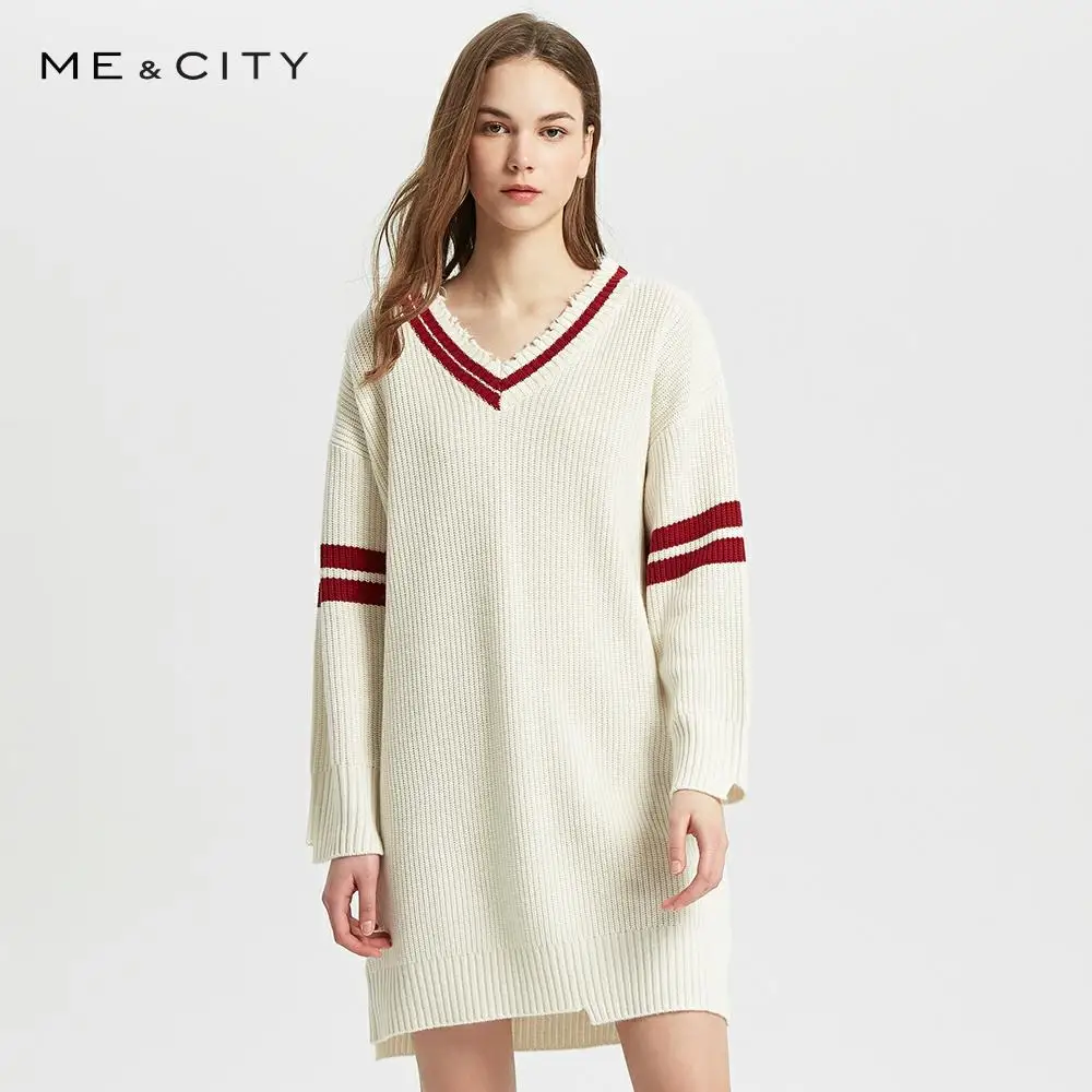 Me&ampCity Spring new dress Elegant Fashion V-neck mid-length stitching irregular neckline wool Knit Dress Office Lady | Женская одежда