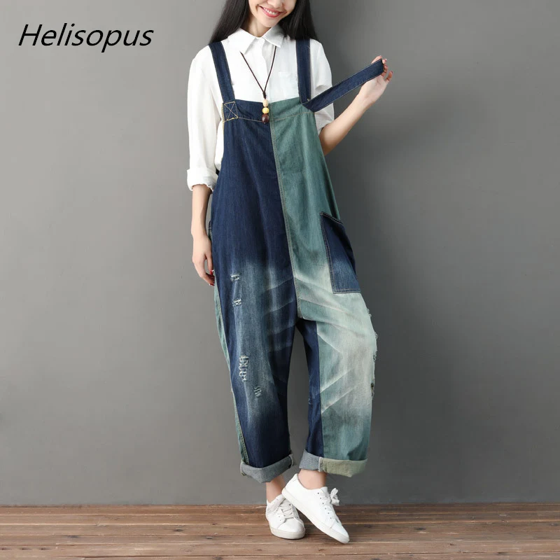 

Helisopus Autumn New Women Plus Size Denim Jumpsuit Vintage Patchwork Hole Wide Leg Bib Loose Cowboy Cargo Torn Overalls