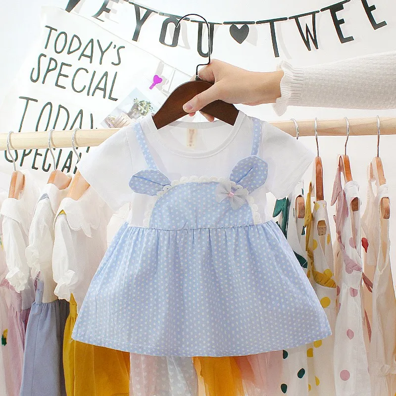 

Children Summer Girls Dress Cute Dot Fake Two Piece Bottoming Short Sleeved Sweet Princess Dress For Girls Kids Dresses