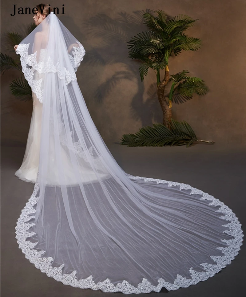 

JaneVini Luxury 3.5M White/Ivory Two Layers Bridal Veils with Comb Full Appliques Edge Tulle Cathedral Wedding Veil Accessories