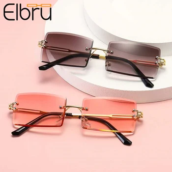 

Elbru Small Rectangle Sunglasses Women Rimless Square Sun Glasses Summer Style Vintage Mirror Eyeglasses Traveling Eyewear