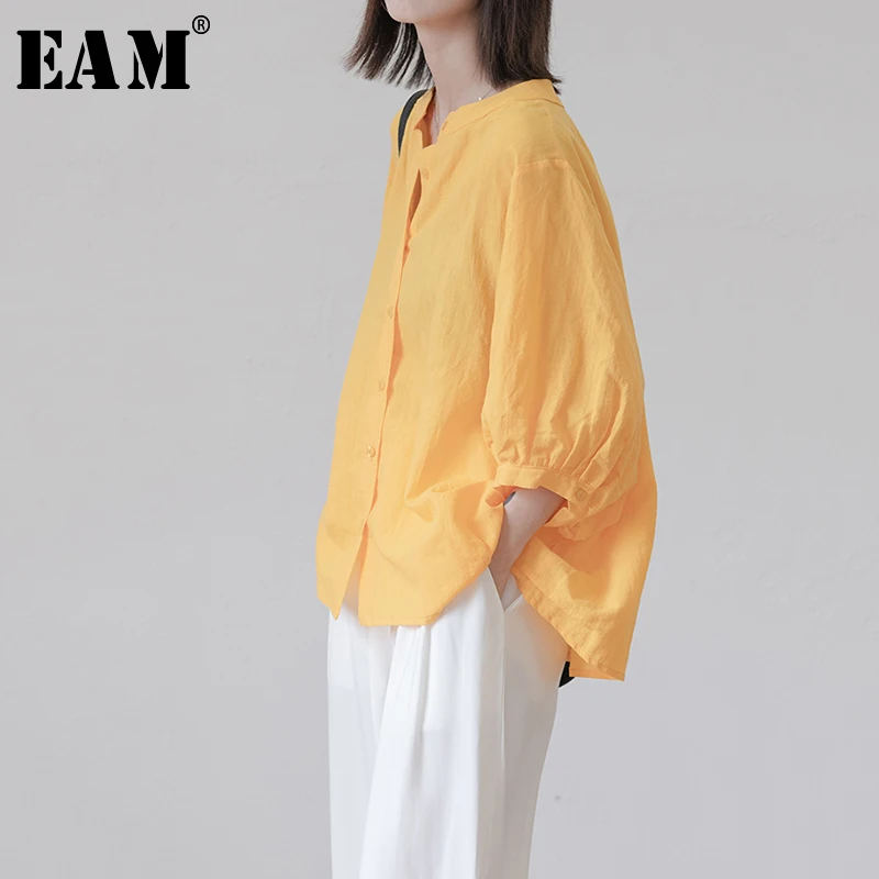 

[EAM] Women Big Size Oversize Blouse New Stand Collar Three-quarter Sleeve Loose Fit Shirt Fashion Tide Spring Autumn 2019 1A967