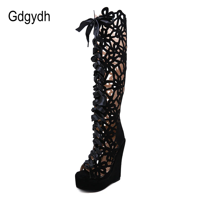 Gdgydh/открытые Сапоги выше колена на танкетке; женская модная обувь для ночного клуба; Осенняя обувь для вечеринок; ботинки с открытым носком на шнуровке; пикантные женские ботинки
