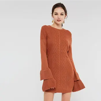 

2019 Casual Women Autumn Winter Knitted Sweater Dress Female O Neck Flare Sleeve Mini Dresses vestidos Slim Fit Pullover Dress