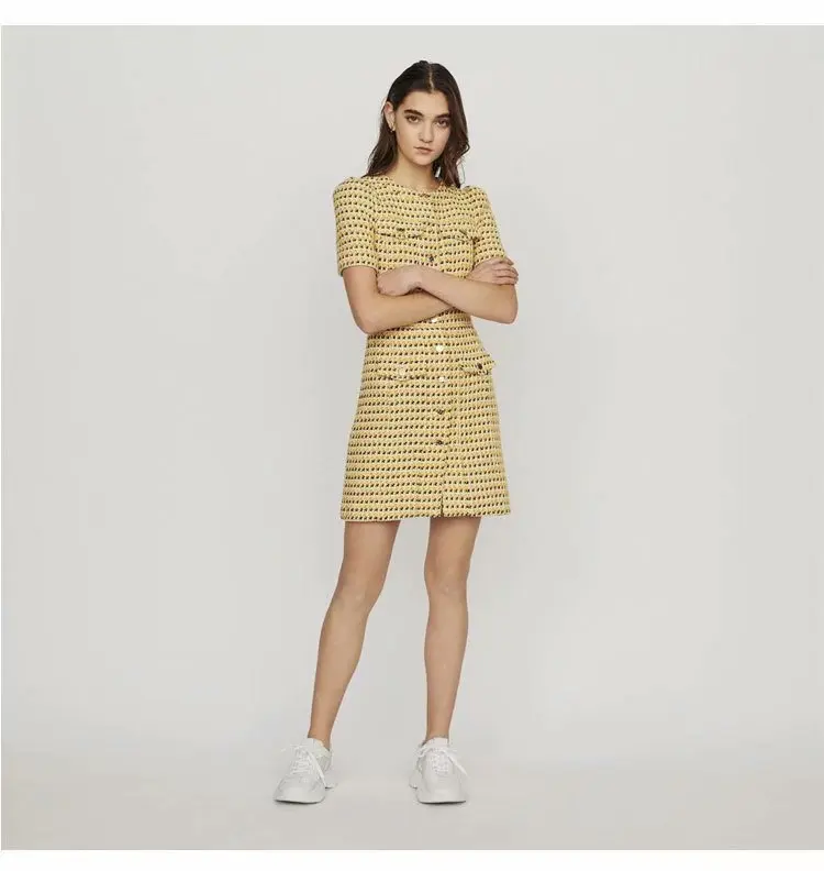 

Europe And America 2019 Autumn New Style Slim Fit Slimming Graceful Short Sleeve Crew Neck Waist Hugging Single Breasted Dress S