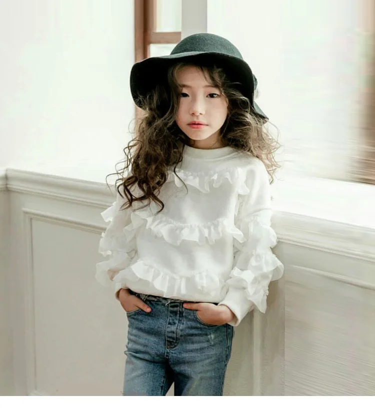 Модная одежда с капюшоном для маленьких девочек хлопковые топы с длинными рукавами и рюшами, весенне-осенняя одежда для От 3 до 16 лет, Детская футболка, Свитшот CL083