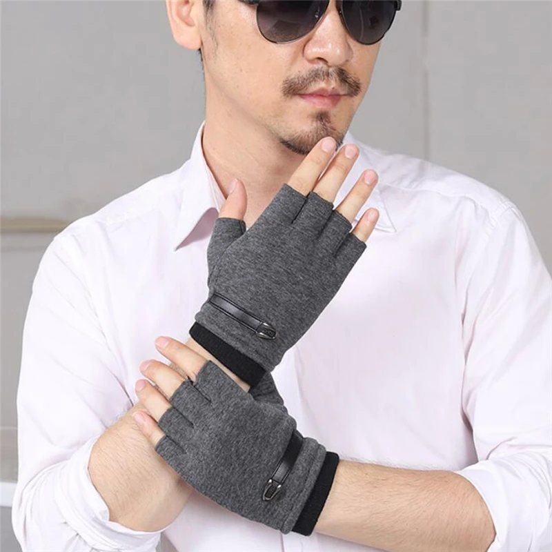 

Men Fingerless Gloves Driving Suede Leather Black Grey Half Finger Men Elastic Gloves Outdoor Bike Mittens Winter Warm Gloves