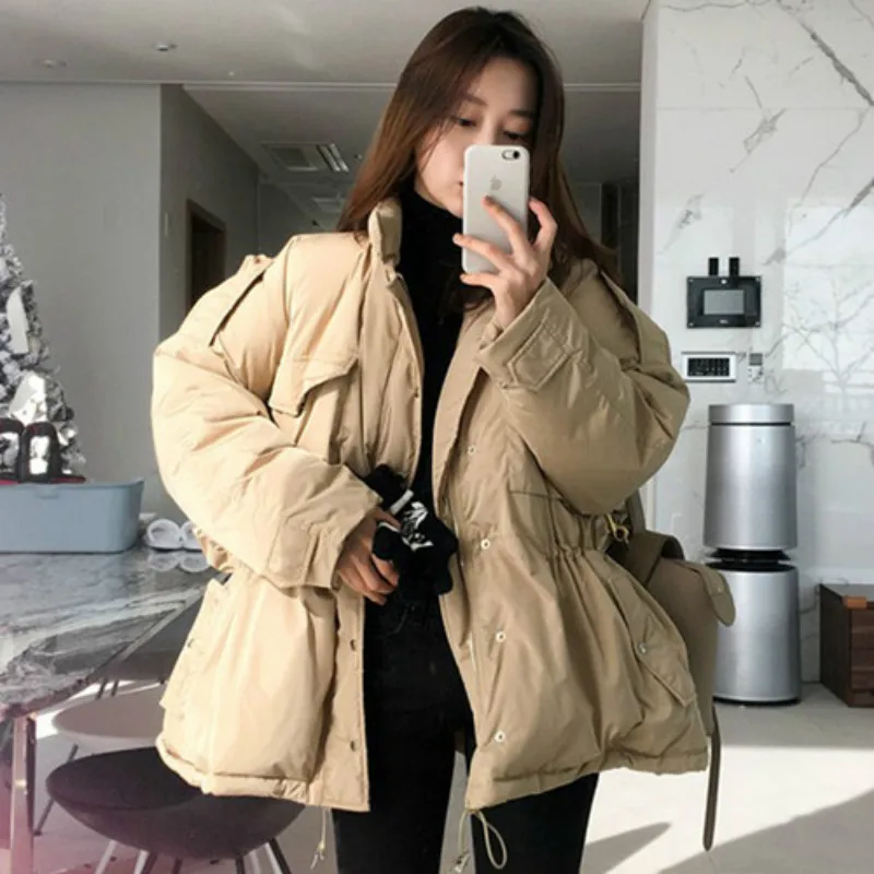 Korea Women Winter Thick Solid Cotton Parka Drawstring Slim Waist Overcoat Oversize Coat Jacket Zipper Outerwear with Pocket | Женская