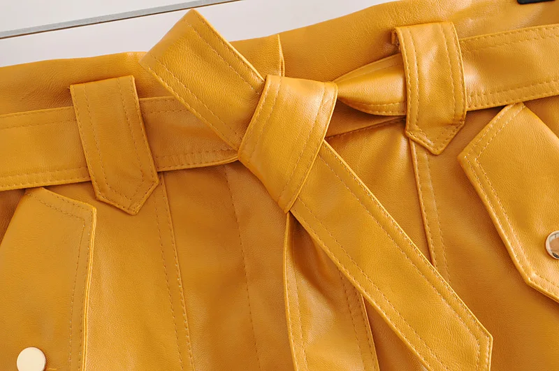 Модная женская юбка Za летняя желтая искусственная элегантная искусственная кожа с поясом и карманами мини юбки для женщин