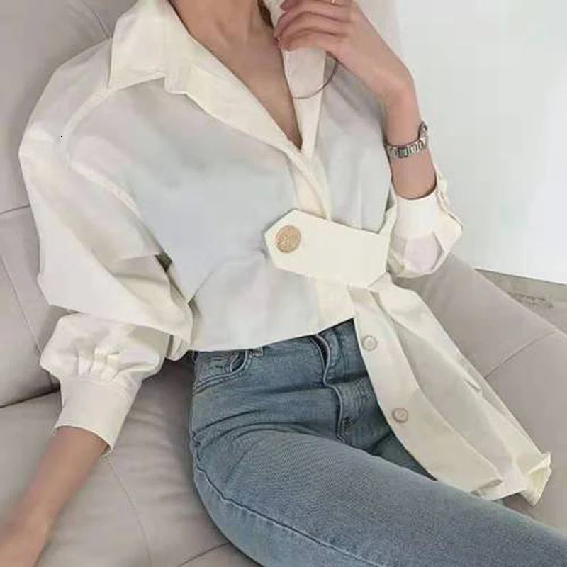 GALCAUR Корейская необычная Лоскутная рубашка для женщин, воротник с лацканами, рукав-фонарик размера плюс, свободные женские блузки, мода, новинка