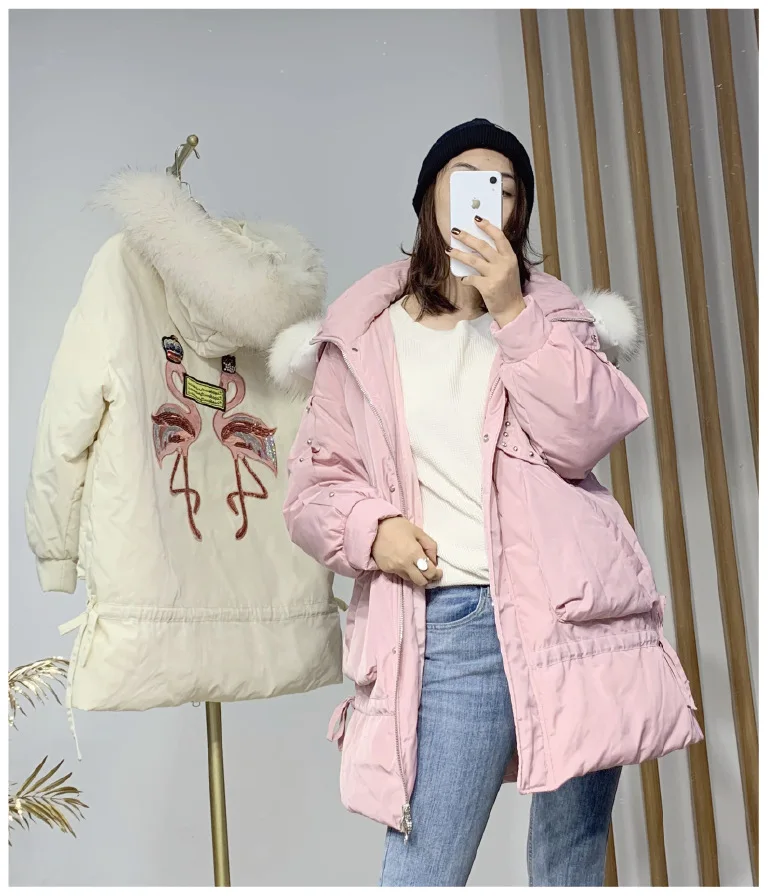High quality east gate web celebrity flamingo back embroidery pinghu big hair collar thickened down jacket women's long | Женская