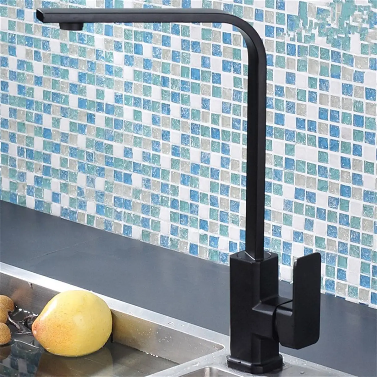 

Kitchen 360 Degee Rotation Water Faucet Hot and Cold Mixed Water Rotation Black Spray Paint Sink Square Flat Tube