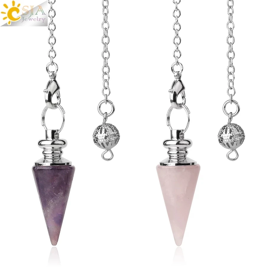 CSJA Conical Pendulum Natural Stone Taper Pendulums Silver Color Chain Crystal Pendants for Dowsing Spiritual Reiki Pendulo G491