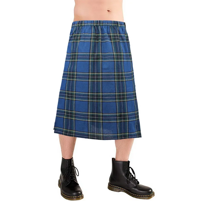 blue Новые мужские модные повседневные плиссированные шотландские Kilts Шорты Брюки карго личности брюки пледы шаблон свободная Асимметричная юбка для мужчин - Цвет: blue
