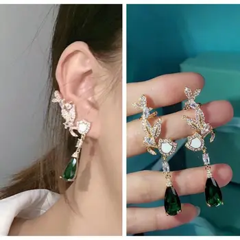 

Yellow Gold S925 Emerald Flower Dangle Earrings Shell Pearl Rose Ear Climber Jack Water Drop Crystal Women Wedding Jewelry