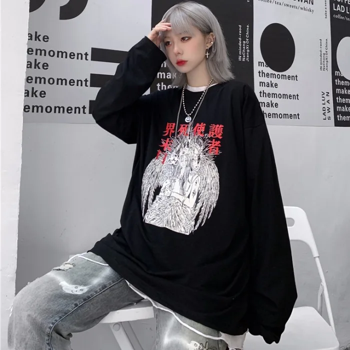 Японское письмо ужас мультфильм графический принт свободный Панк Harajuku уличная Футболка Пуловер Корейская Футболка Топ негабаритных