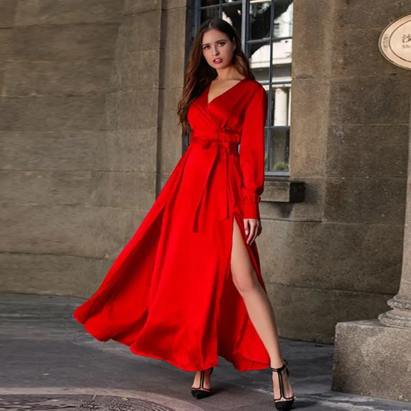VENFLON Весна Лето Женское платье модные сексуальные элегантные длинные вечерние красные желтые богемные платья - Цвет: Красный