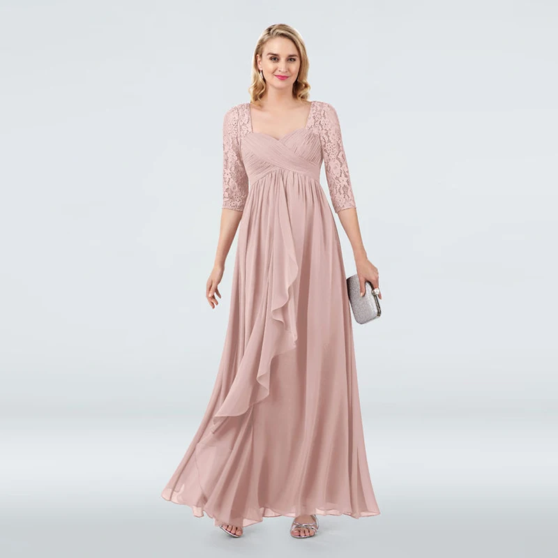 

On Sale Charming Dusty Rose Lace Square Neck Mother of the Bride Dresses Three Quarter Sleeves Pleating Bust Wedding Guest Gowns