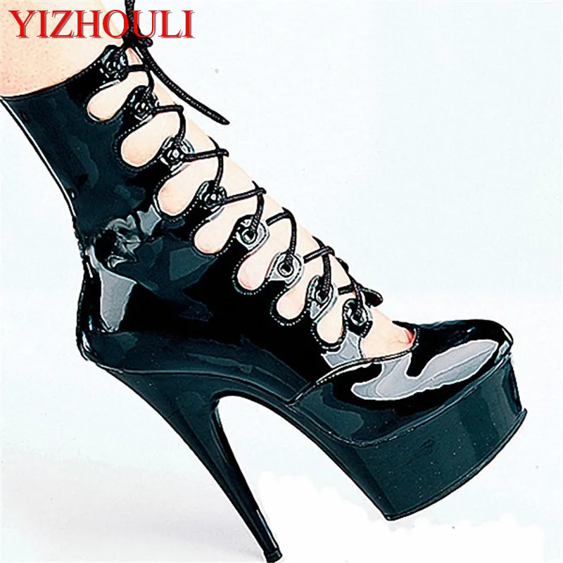 15CM High-Heeled Shoes 6 Inch Fashion Cutout Front Strap Platform Short Boots Light PU Plus Size Round Toe Sexy Mid-Calf Boots