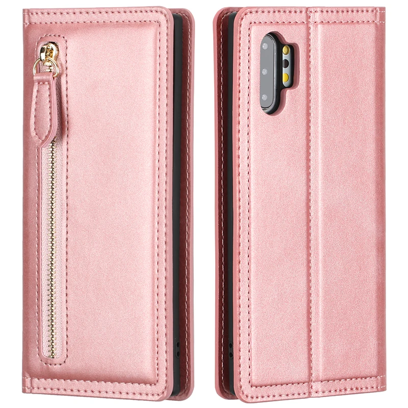 Кожаный чехол-кошелек на молнии для samsung Note 10 10+ Магнитный чехол-кошелек для samsung Galaxy S10 S10 Plus чехол с отделениями для карт - Цвет: Rose Gold