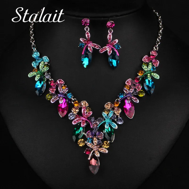 Luxury Shining Crystal Dragonfly Necklace Earrings Bridal Jewelry Set Clothing Accessories Women Party Rhinestone | Украшения и