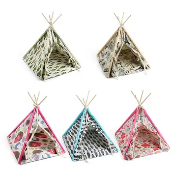 

Pet Teepee Kitten Tent Wood Stand Foldable Washable Canvas Cave Bed Painted Tipi House Tents With Cushion For Pet Small Dog Cat